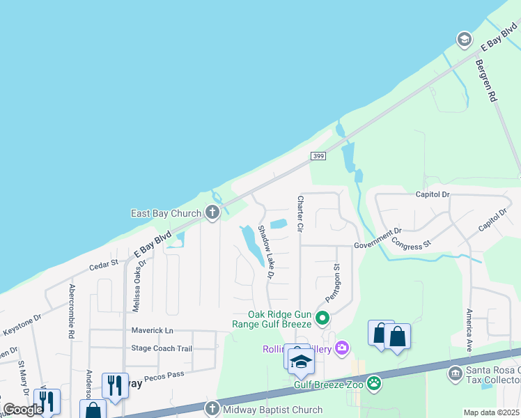 map of restaurants, bars, coffee shops, grocery stores, and more near 2053 Shadow Lake Drive in Gulf Breeze