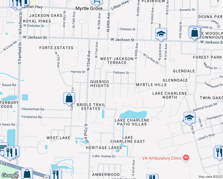 map of restaurants, bars, coffee shops, grocery stores, and more near 57 South 68th Avenue in Pensacola