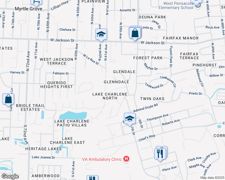 map of restaurants, bars, coffee shops, grocery stores, and more near 274 South 61st Avenue in Pensacola