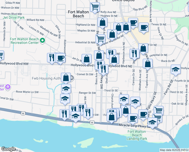map of restaurants, bars, coffee shops, grocery stores, and more near 8 Comet Street Southwest in Fort Walton Beach