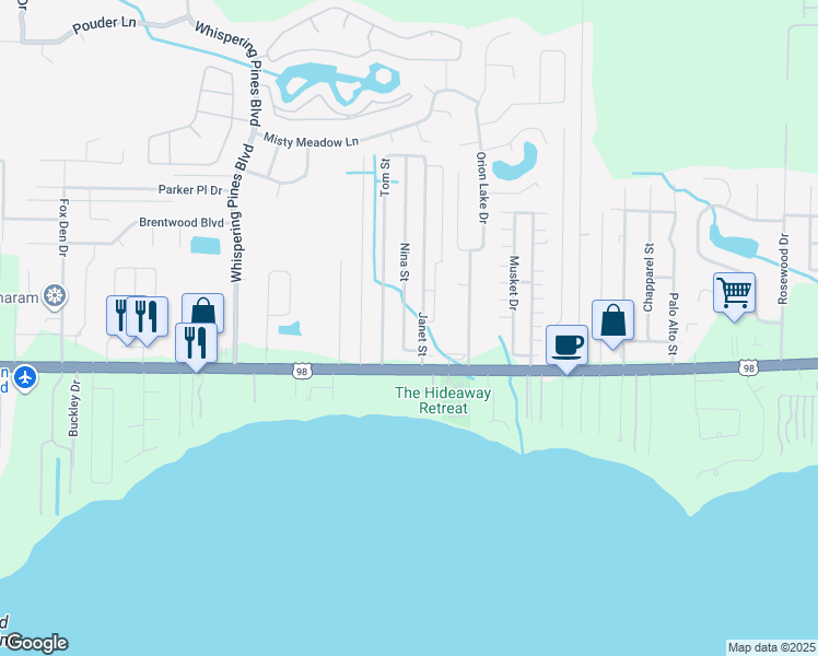 map of restaurants, bars, coffee shops, grocery stores, and more near 2132 Nina Street in Navarre