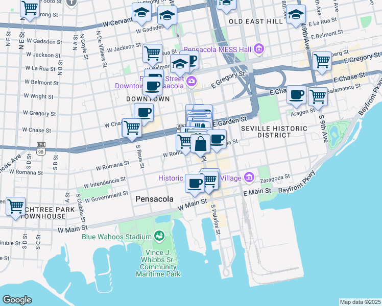 map of restaurants, bars, coffee shops, grocery stores, and more near 21 West Romana Street in Pensacola