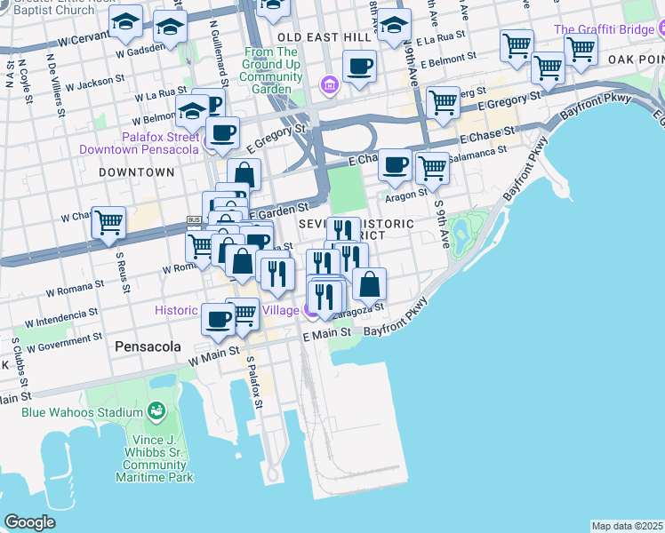map of restaurants, bars, coffee shops, grocery stores, and more near 251 East Intendencia Street in Pensacola