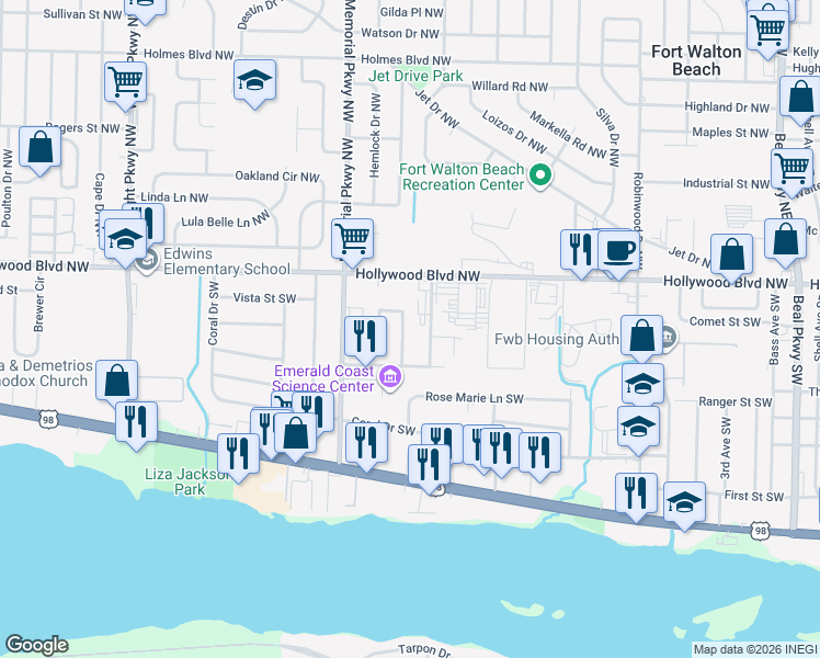 map of restaurants, bars, coffee shops, grocery stores, and more near 207 Deluna Road Southwest in Fort Walton Beach