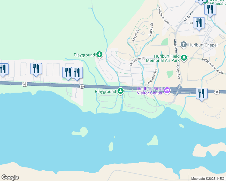map of restaurants, bars, coffee shops, grocery stores, and more near US Highway 98 in Hurlburt Field