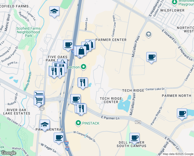 map of restaurants, bars, coffee shops, grocery stores, and more near 701 Center Ridge Drive in Austin