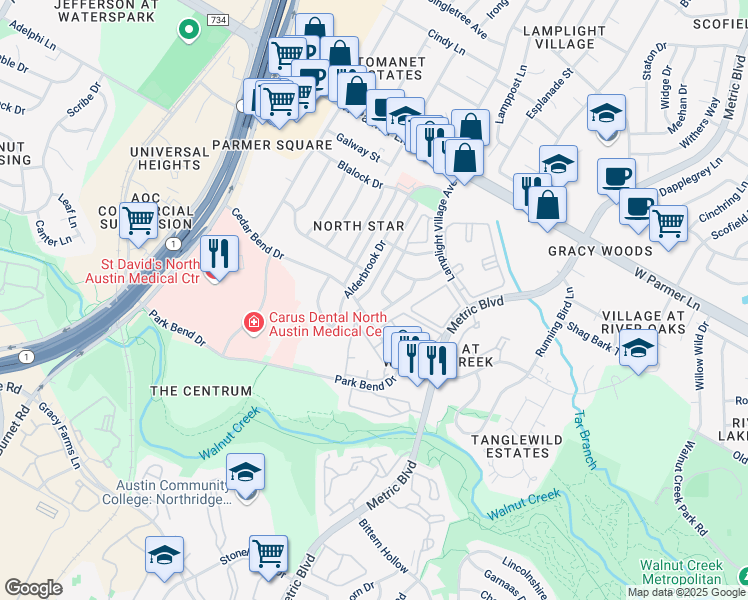map of restaurants, bars, coffee shops, grocery stores, and more near 12302 Dellrey Drive in Austin