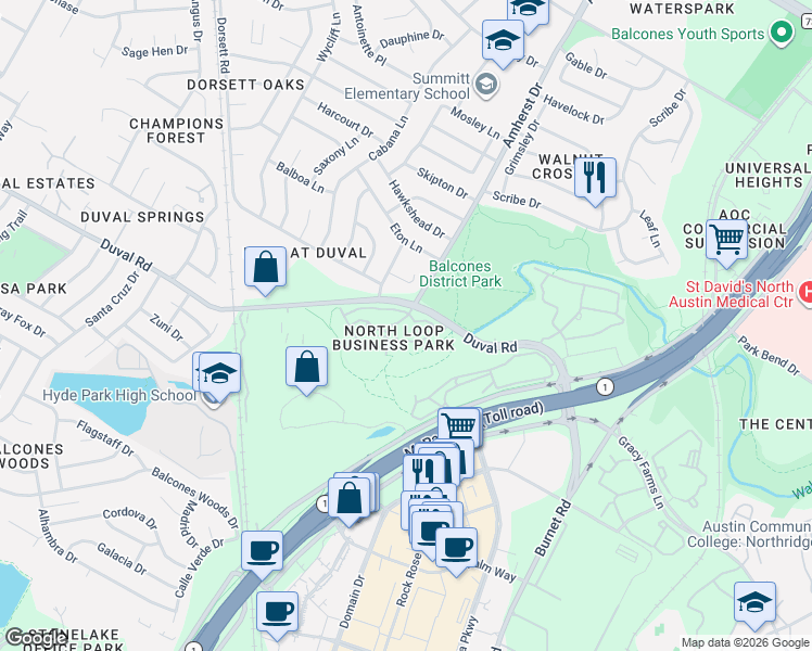 map of restaurants, bars, coffee shops, grocery stores, and more near 3625 Duval Road in Austin