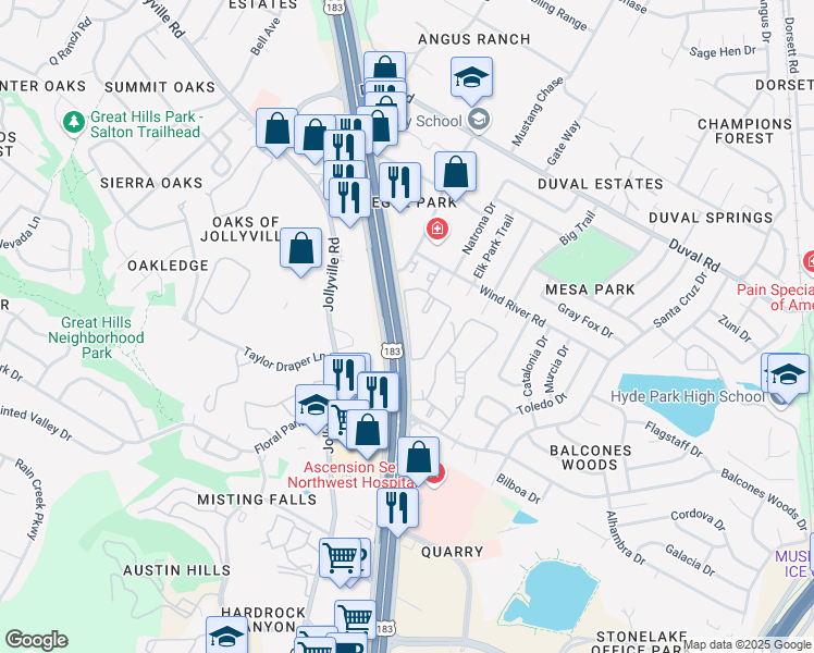 map of restaurants, bars, coffee shops, grocery stores, and more near 9 Research Boulevard in Austin