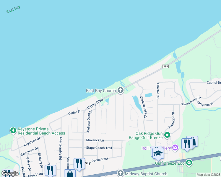 map of restaurants, bars, coffee shops, grocery stores, and more near 5634 East Bay Boulevard in Gulf Breeze