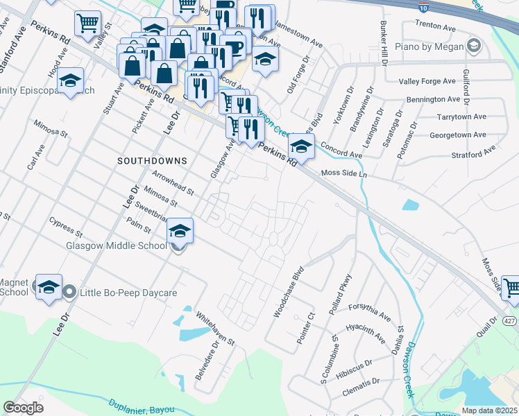 map of restaurants, bars, coffee shops, grocery stores, and more near 5125 Cheneau Lane in Baton Rouge
