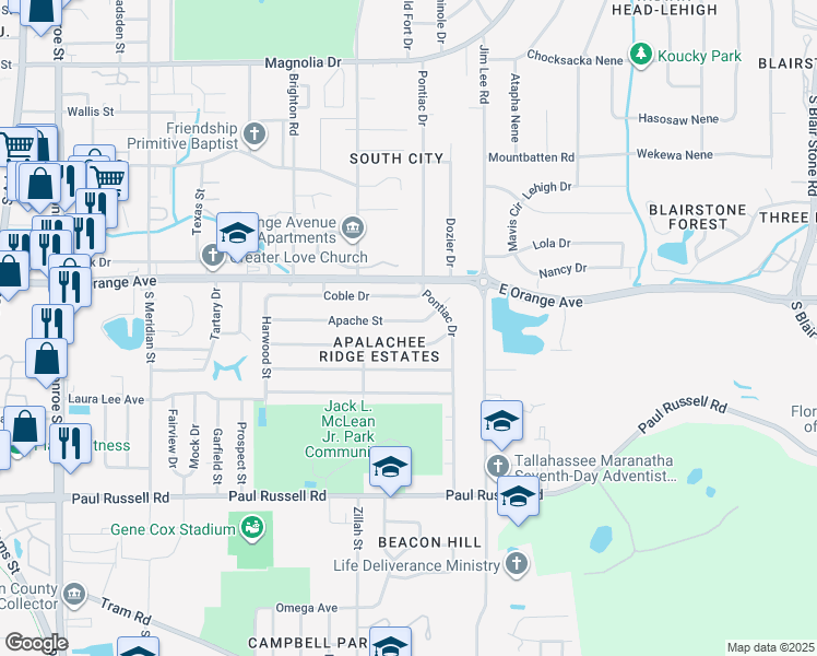 map of restaurants, bars, coffee shops, grocery stores, and more near 921 Apache Street in Tallahassee