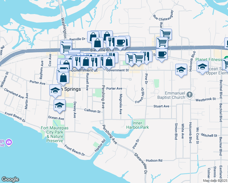map of restaurants, bars, coffee shops, grocery stores, and more near 518 Ward Avenue in Ocean Springs