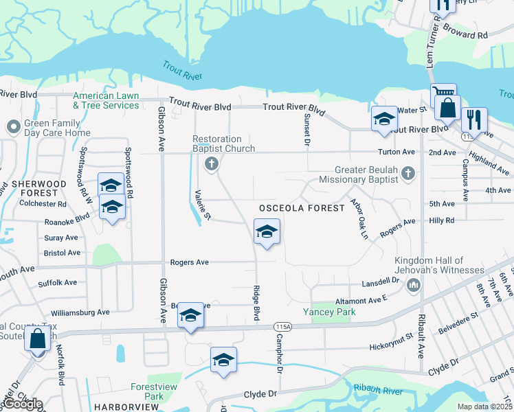 map of restaurants, bars, coffee shops, grocery stores, and more near 3736 Rose Street in Jacksonville