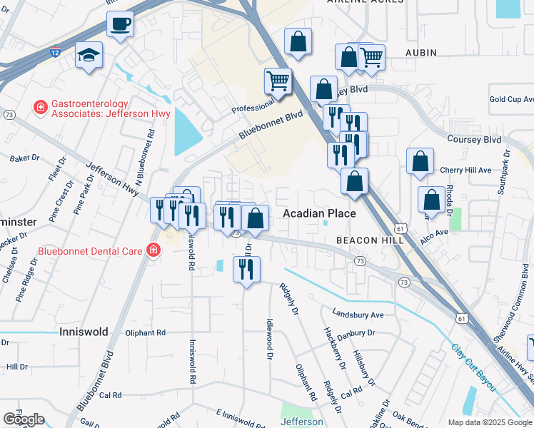 map of restaurants, bars, coffee shops, grocery stores, and more near 4155 Jefferson Woods Drive in Baton Rouge