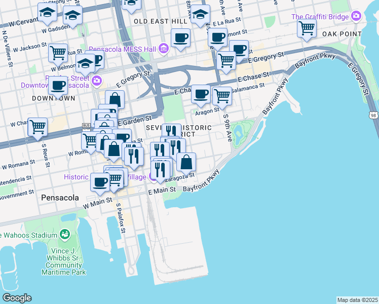 map of restaurants, bars, coffee shops, grocery stores, and more near 211 South Florida Blanca Street in Pensacola