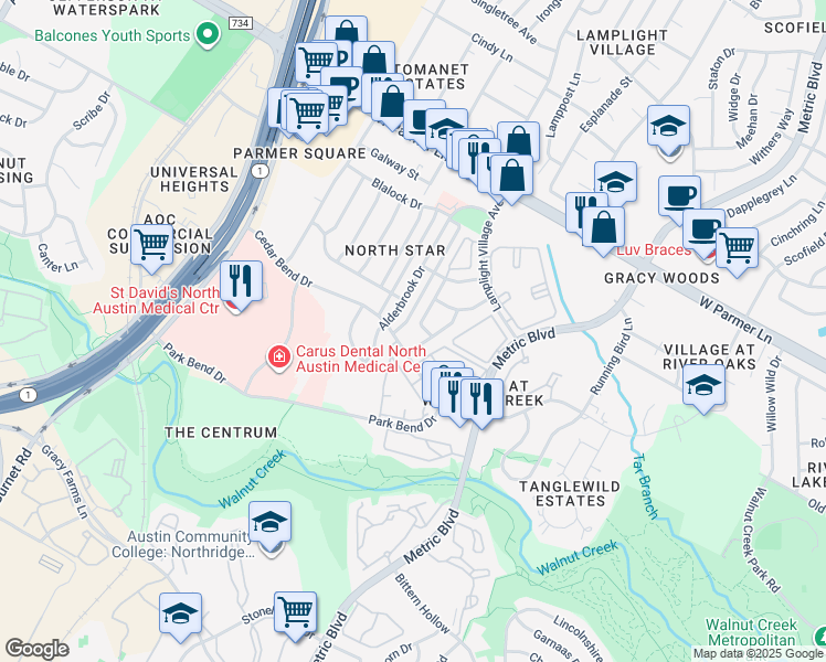 map of restaurants, bars, coffee shops, grocery stores, and more near 12302 Dellrey Drive in Austin