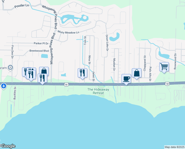 map of restaurants, bars, coffee shops, grocery stores, and more near 2132 Nina Street in Navarre