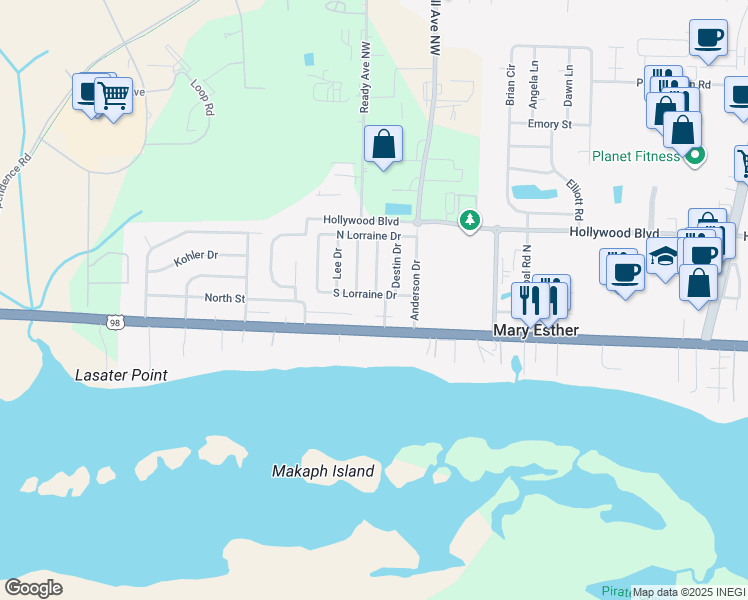 map of restaurants, bars, coffee shops, grocery stores, and more near 211 South Lorraine Drive in Mary Esther