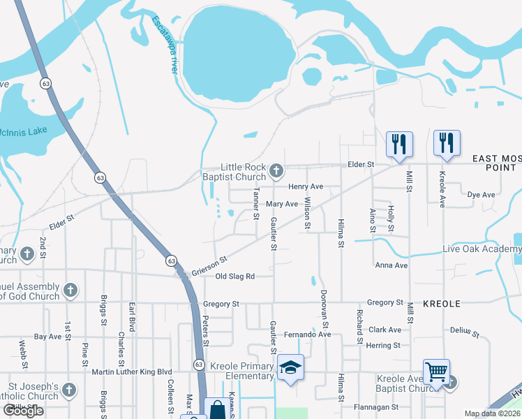 map of restaurants, bars, coffee shops, grocery stores, and more near 4818 Tanner Street in Moss Point