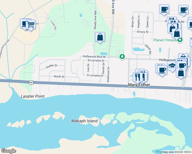 map of restaurants, bars, coffee shops, grocery stores, and more near 211 South Lorraine Drive in Mary Esther