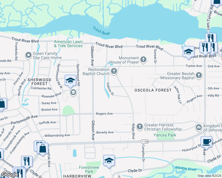 map of restaurants, bars, coffee shops, grocery stores, and more near 9539 Valerie Street in Jacksonville