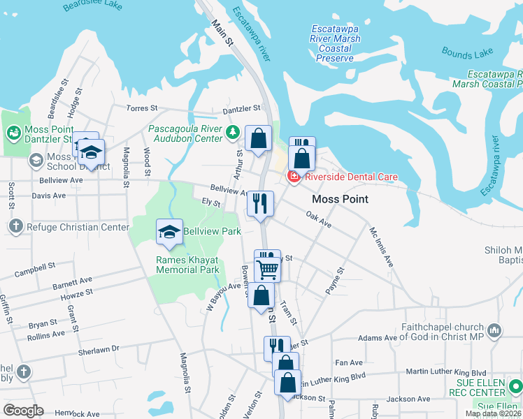 map of restaurants, bars, coffee shops, grocery stores, and more near 4836 Main Street in Moss Point