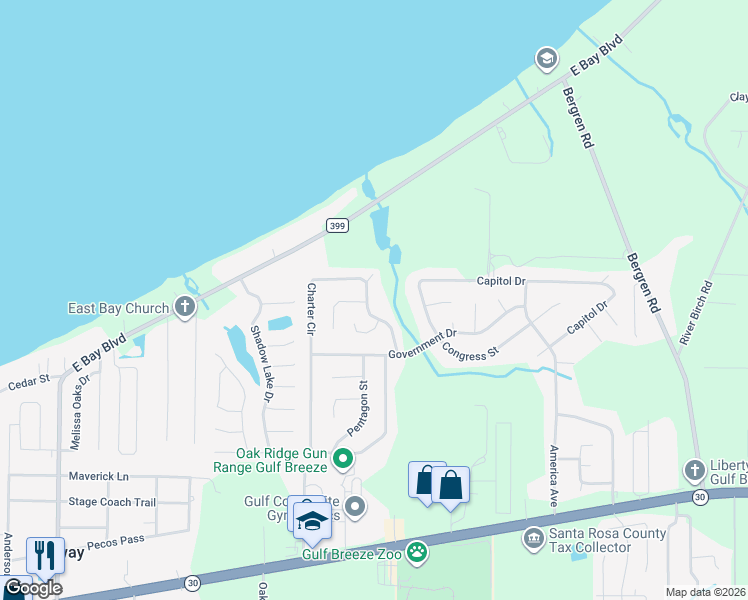 map of restaurants, bars, coffee shops, grocery stores, and more near 5658 Charter Circle in Gulf Breeze
