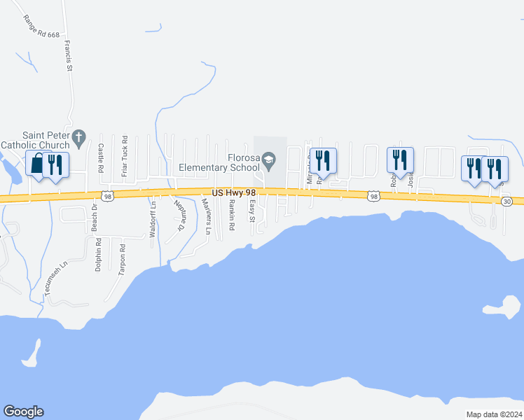 map of restaurants, bars, coffee shops, grocery stores, and more near 505 Lamar Drive in Mary Esther
