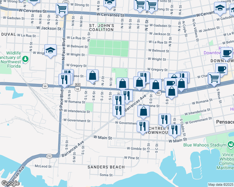 map of restaurants, bars, coffee shops, grocery stores, and more near 7 South H Street in Pensacola