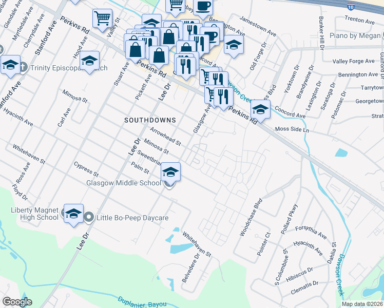 map of restaurants, bars, coffee shops, grocery stores, and more near 1969 Albizia Court in Baton Rouge