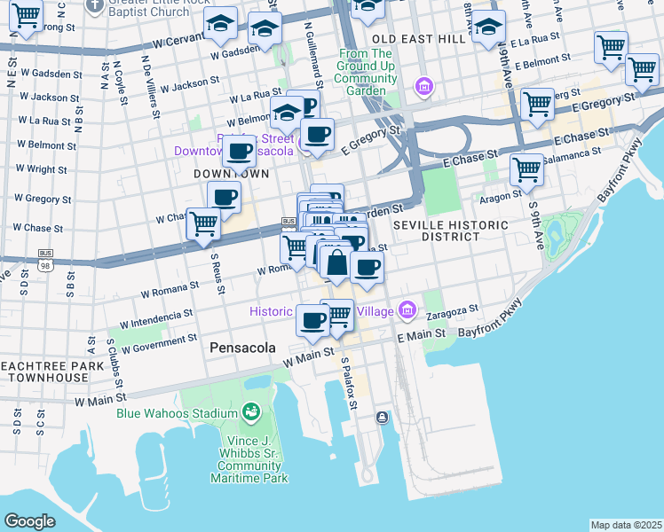 map of restaurants, bars, coffee shops, grocery stores, and more near 114 South Palafox Street in Pensacola