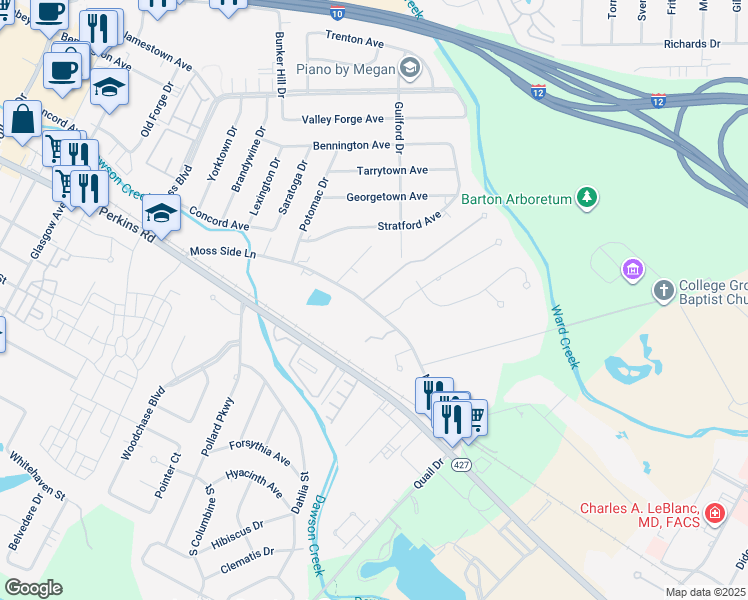 map of restaurants, bars, coffee shops, grocery stores, and more near 6102 Province Lane in Baton Rouge
