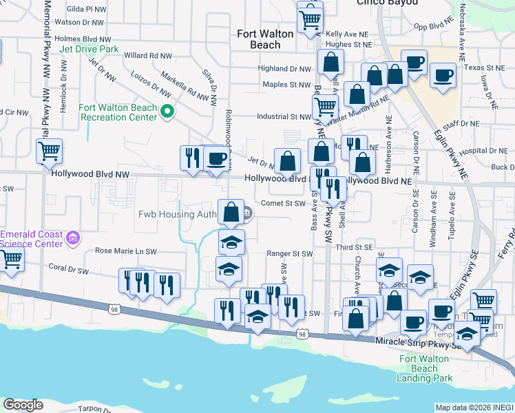 map of restaurants, bars, coffee shops, grocery stores, and more near 36 Comet Street Southwest in Fort Walton Beach