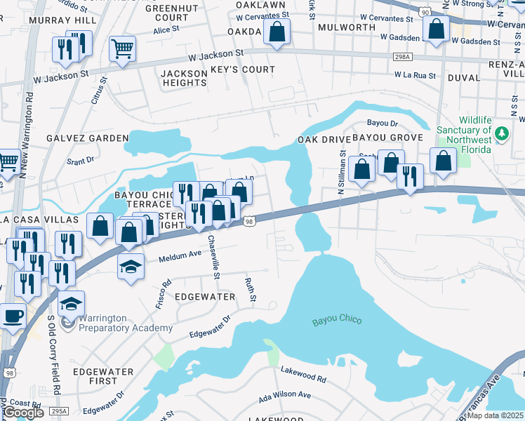 map of restaurants, bars, coffee shops, grocery stores, and more near 3704 West Navy Boulevard in Pensacola