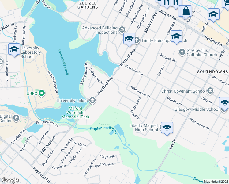 map of restaurants, bars, coffee shops, grocery stores, and more near 3626 South Lakeshore Drive in Baton Rouge