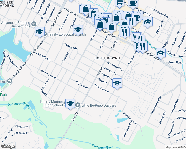 map of restaurants, bars, coffee shops, grocery stores, and more near 4465 Palm Street in Baton Rouge