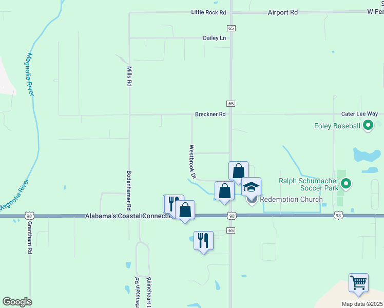 map of restaurants, bars, coffee shops, grocery stores, and more near 12747 Westbrook Drive in Foley