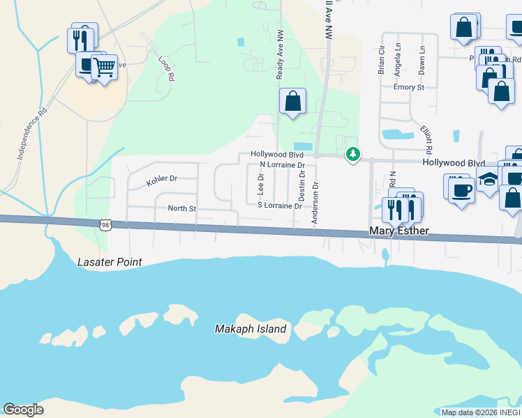 map of restaurants, bars, coffee shops, grocery stores, and more near 271 South Lorraine Drive in Mary Esther