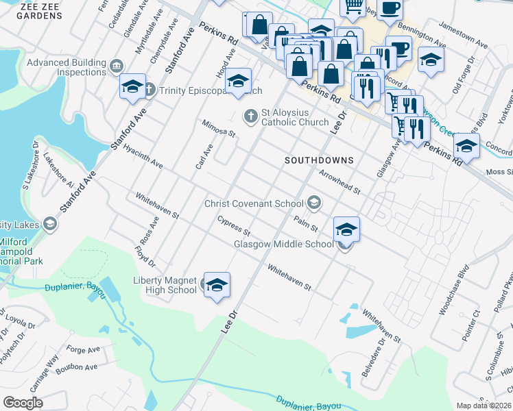 map of restaurants, bars, coffee shops, grocery stores, and more near 1655 Pickett Avenue in Baton Rouge