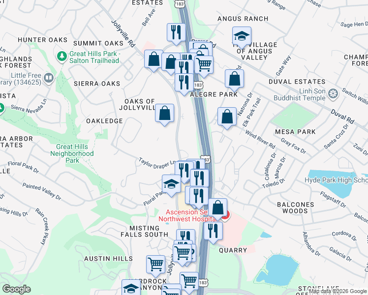 map of restaurants, bars, coffee shops, grocery stores, and more near 11301 Jollyville Road in Austin