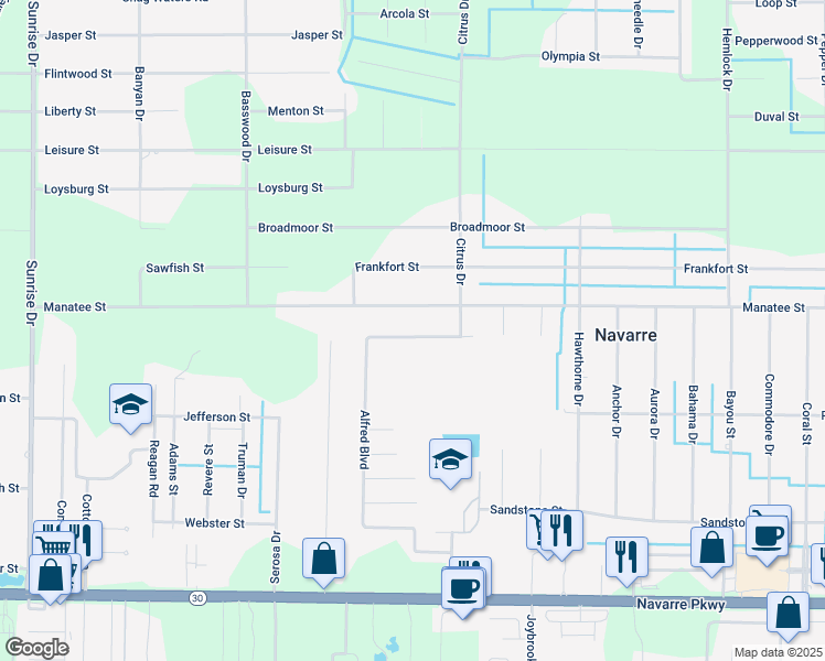 map of restaurants, bars, coffee shops, grocery stores, and more near 2075 Alfred Boulevard in Navarre