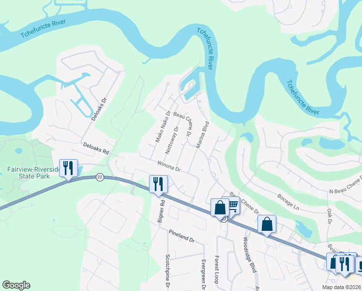 map of restaurants, bars, coffee shops, grocery stores, and more near 212 Pocosin Drive in Mandeville