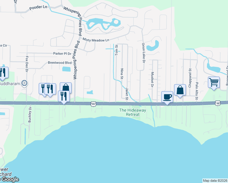 map of restaurants, bars, coffee shops, grocery stores, and more near 2135 Tom Street in Navarre