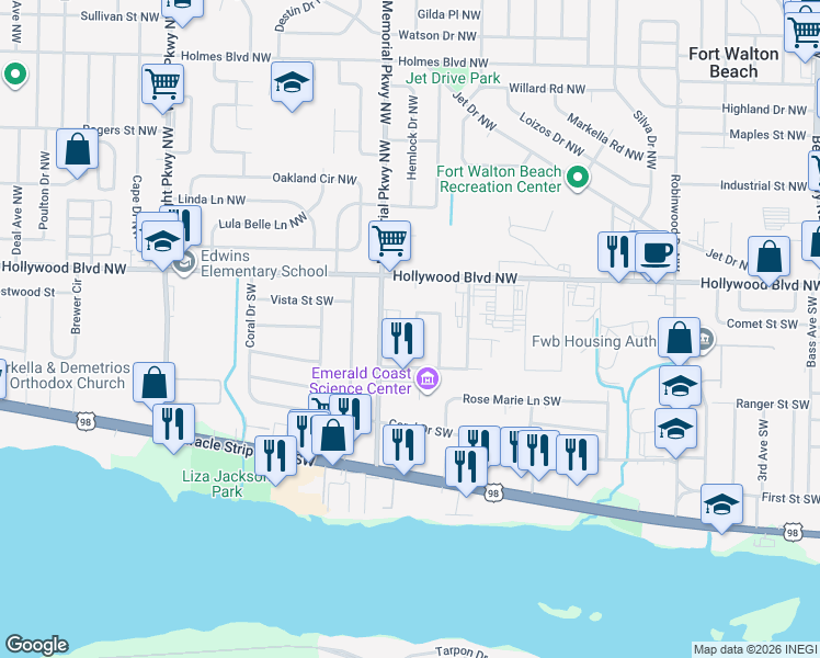 map of restaurants, bars, coffee shops, grocery stores, and more near 233 Deluna Road Southwest in Fort Walton Beach