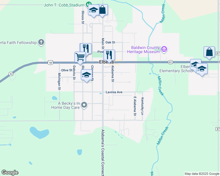 map of restaurants, bars, coffee shops, grocery stores, and more near 12781 Alabama Street in Elberta