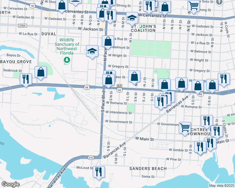 map of restaurants, bars, coffee shops, grocery stores, and more near 15 South M Street in Pensacola