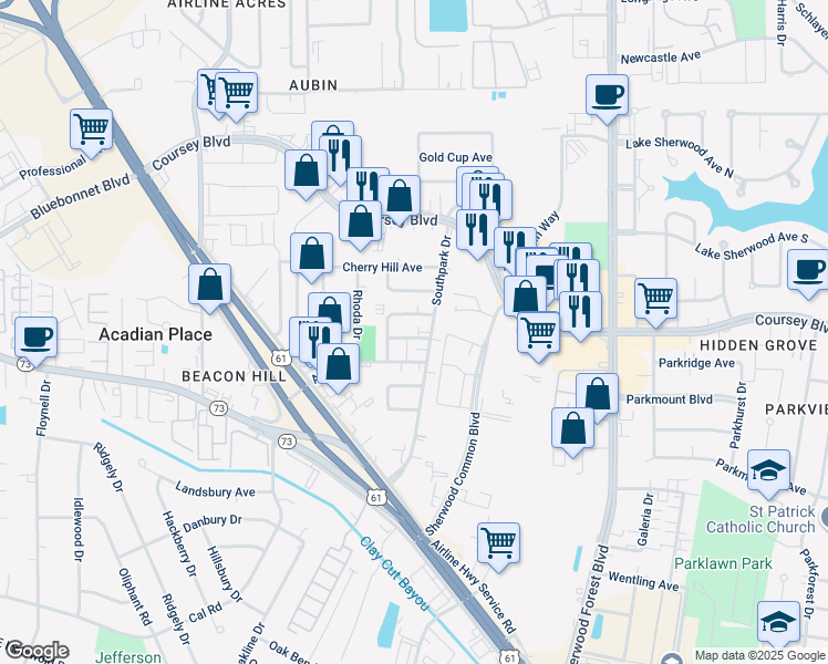 map of restaurants, bars, coffee shops, grocery stores, and more near 10947 Abington Avenue in Baton Rouge