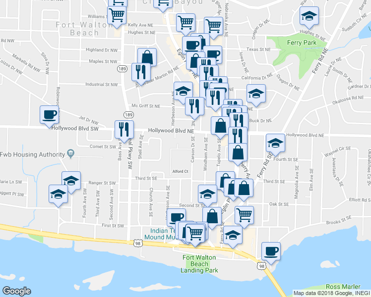 map of restaurants, bars, coffee shops, grocery stores, and more near 19 Methodist Avenue Southeast in Fort Walton Beach
