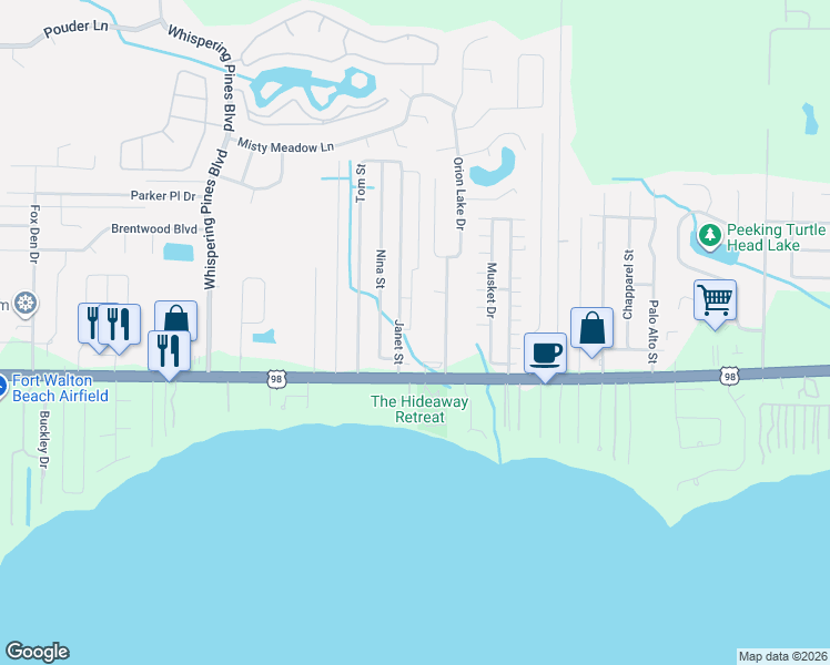 map of restaurants, bars, coffee shops, grocery stores, and more near 2116 Hadleigh Hills Court in Navarre